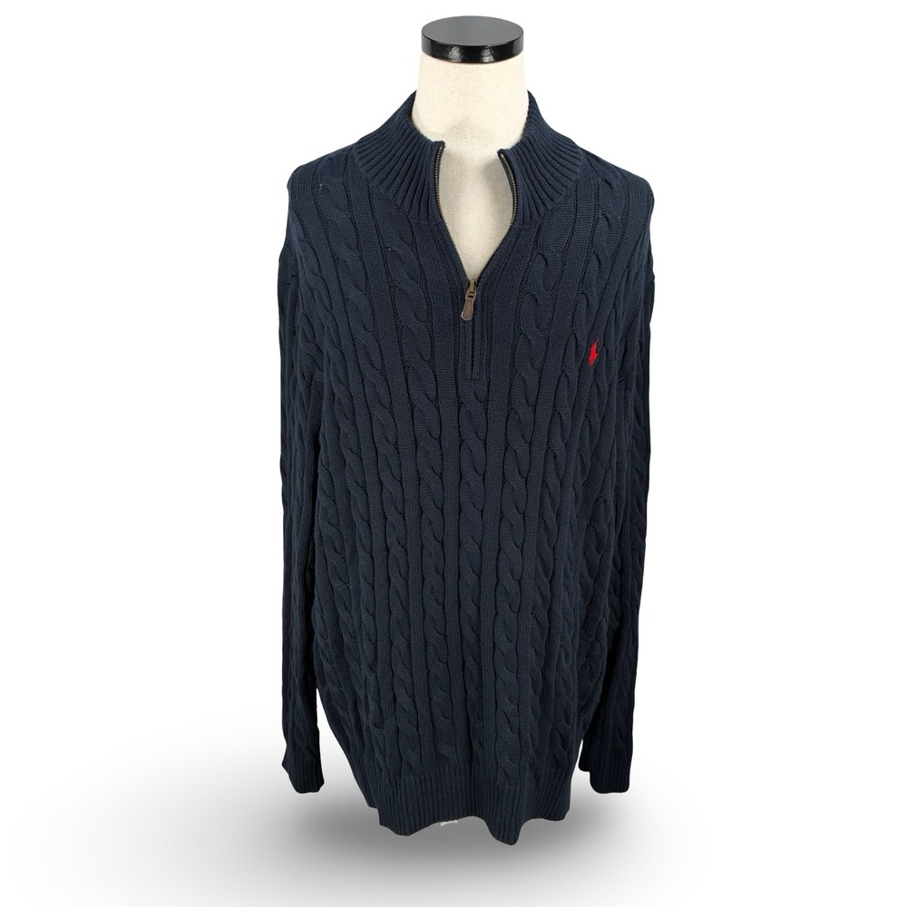 Polo Ralph Lauren Mens 2XLT Navy Blue Cable Knit Quarter Zip Cotton Sweater